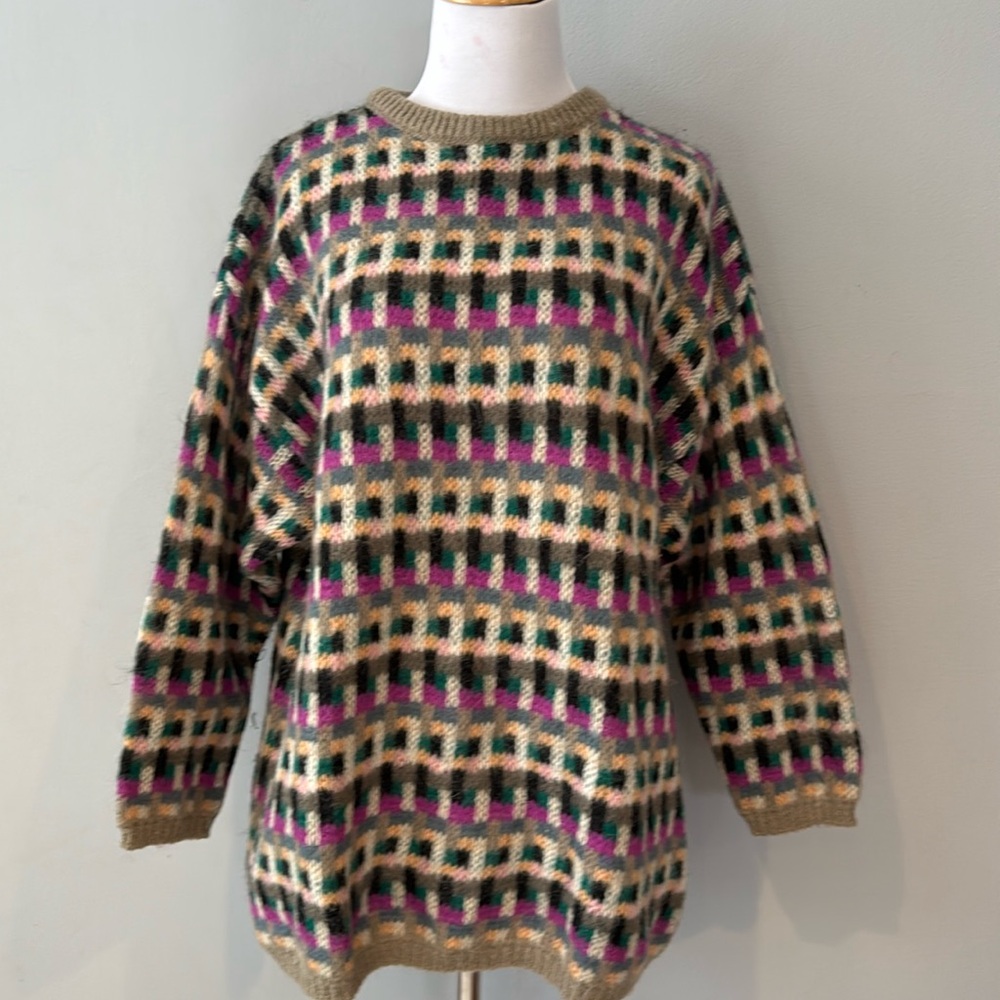 Vintage 80s Benetton sweater - XXl- purple/ grey / tan geometric pattern
